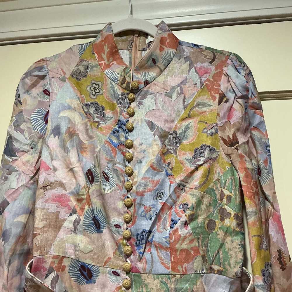 NWOT Zimmermann Belted Floral Print Linen Mini Dress Pastel Sz 3 - Picture 4 of 16